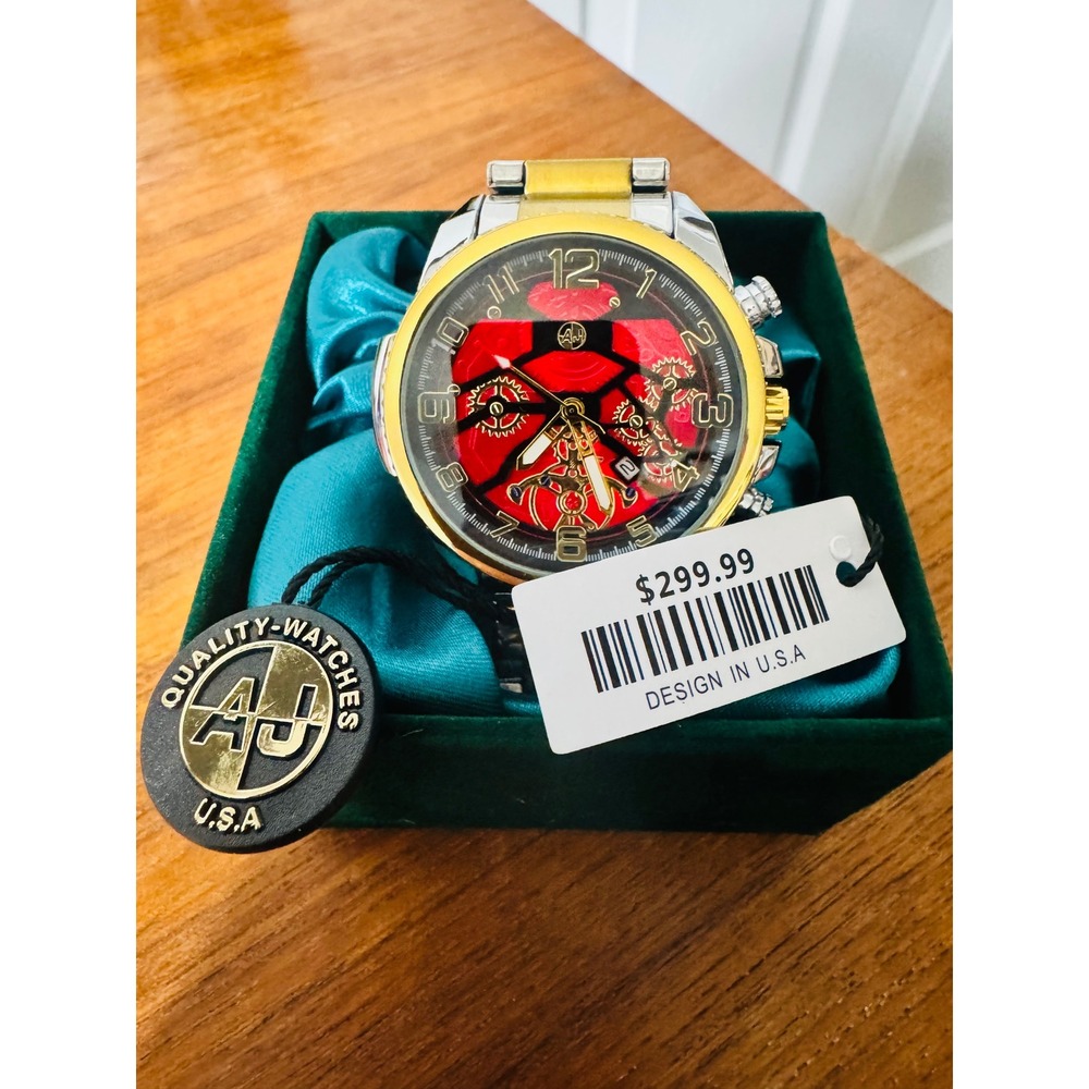 AJ Steel Explorer Mens Skeleton Watch Two Tone Red Dial 444-8984 New w Box